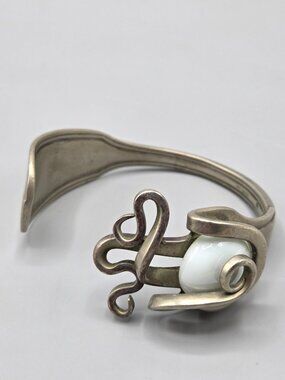 Bent Fork Cuff Bracelet w/ White Glass Stone Handcrafted Artisan Jewelry
